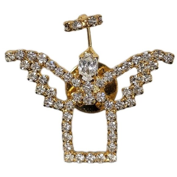 Gold Tone Clear Prong Set Sparkly Rhinestone With Halo Angel Pin Brooch - Picture 1 of 3
